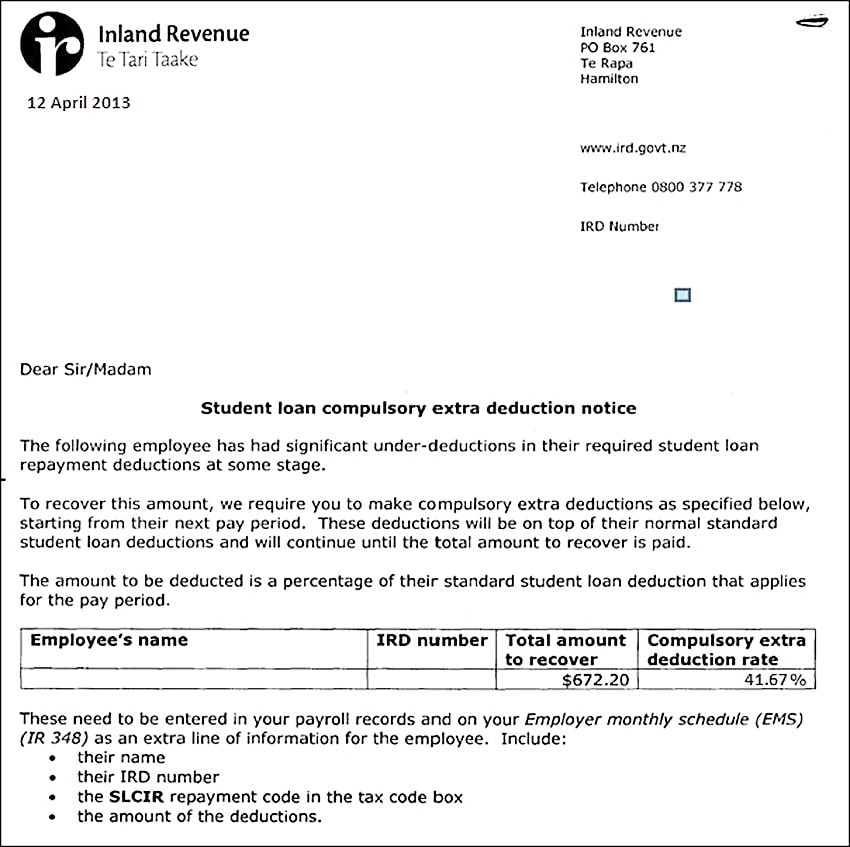 IRD's Student Loan Notice Letter